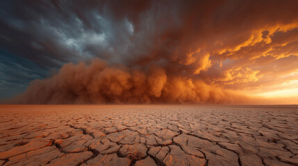 Cracked desert ground beneath towering storm clouds and dust.