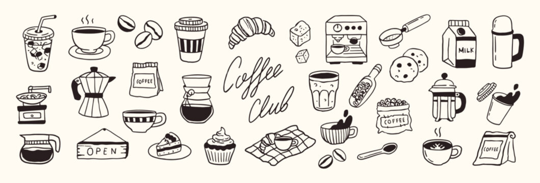 Coffee hand drawn doodle sketch set vector illustration. Morning breakfast, milk, dessert, croissant, machine, menu icons collection.