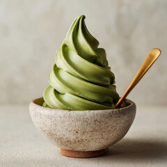Green matcha soft serve ice cream in ceramic bowl with gold spoon.