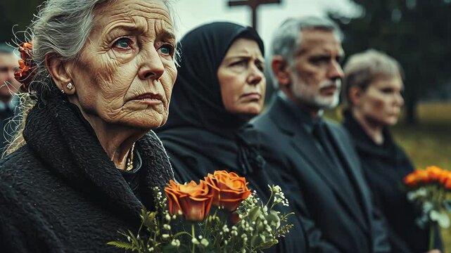 A group of mourners at a cemetery. Three women and two men stand solemnly, dressed in black. The women hold flowers. A cross is visible in the background.