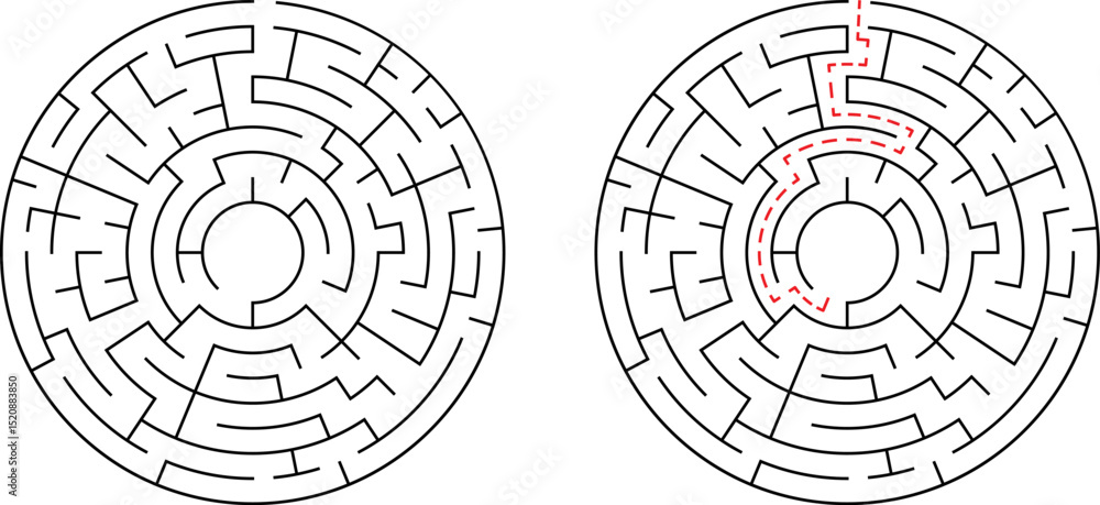 Poster a complex circular maze graphic depicting a challenge with solution shown in red