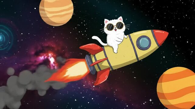Funny Cat in Sunglasses Rides Cartoon Rocket Through Space