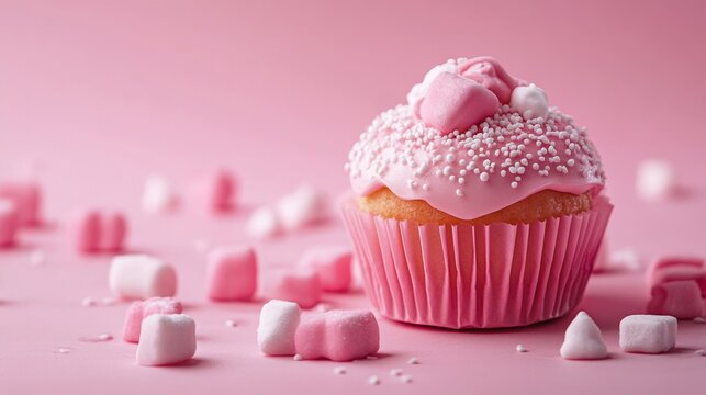 Cupcake with cream and hearts on pink surface in romantic dessert food styling setup