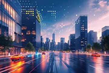 Obraz premium Trendy Urban Skyline with Vibrant Dot Transitions and Smooth Gradients