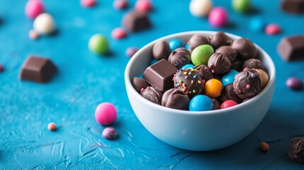 Chocolate candy mix in blue bowl on vibrant background in fun dessert concept scene