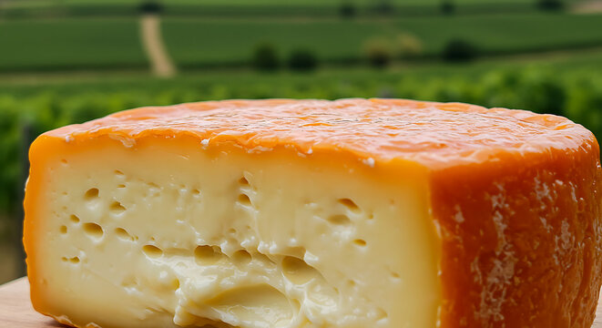 French Époisses AOP. Oozing washed-rind cheese - glossy orange surface with marc de bourgogne residue. 