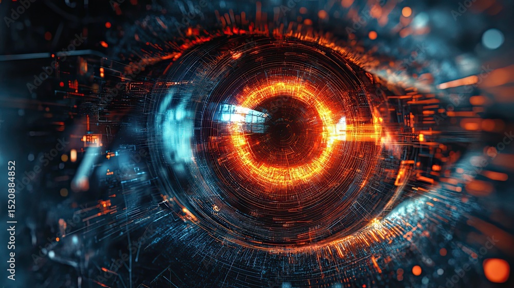 Poster detailed close up of a futuristic eye with glowing orange iris and intricate circuit patterns