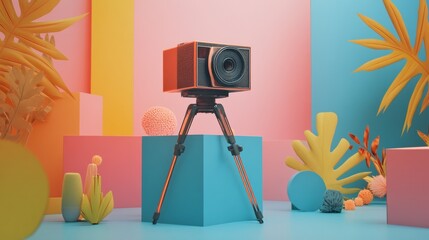 Vintage camera on tripod with colorful set props in surreal retro playful photography design scene