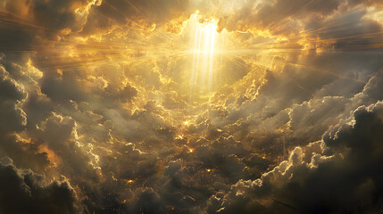 
A dramatic sky opening with an ethereal golden light breaking through storm clouds. Beams of heavenly light shining down onto Earth, illuminating the chaos below. A sense of divine power and holiness