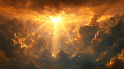 
A dramatic sky opening with an ethereal golden light breaking through storm clouds. Beams of heavenly light shining down onto Earth, illuminating the chaos below. A sense of divine power and holiness