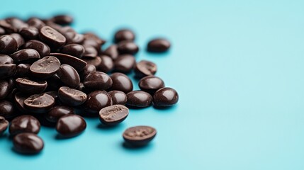 Naklejka premium Coffee beans scattered on turquoise surface in cafe breakfast product branding editorial photo scene