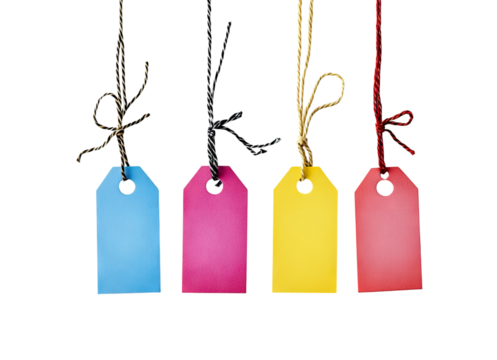 Five colorful hanging tags