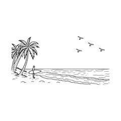 Surfer contemplating the waves on a tropical beach with palm trees and seagulls outline illustration