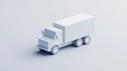 Minimalist 3D rendering of a white box truck on a light gray background, showcasing simple geometric shapes and a clean design