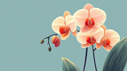 A close up of delicate peach colored orchids with red centers against a pastel blue background