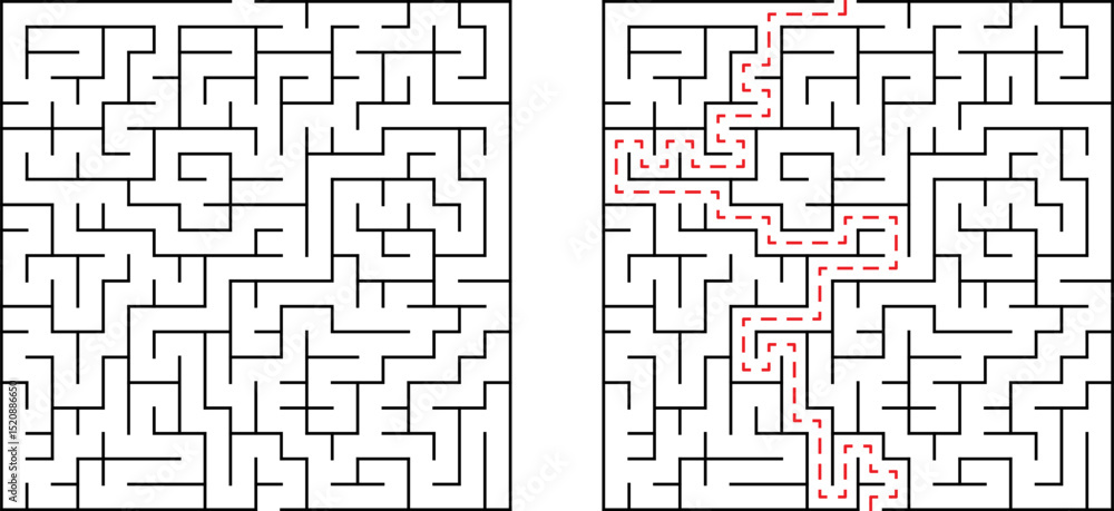 Poster black and white maze solved with a dotted red line illustrating the correct path