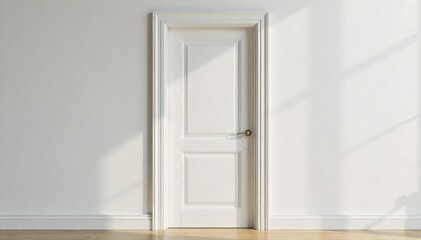 Fototapeta premium A classic white interior door, slightly ajar, revealing a glimpse of the room beyond Clean lines, simple design, perfect for home improvement or architectural projects , trim, renovation, open door