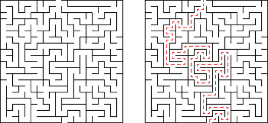 Maze puzzle illustration showing a maze and its solution path in red dashed lines