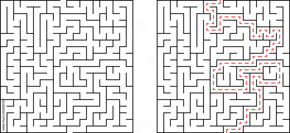 Poster complex maze solution illustrated with a clear red path for navigational guidance