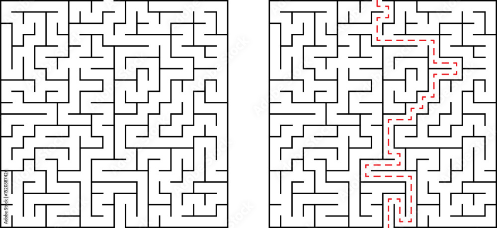 Poster complex black and white maze with solved path shown in red dotted line.
