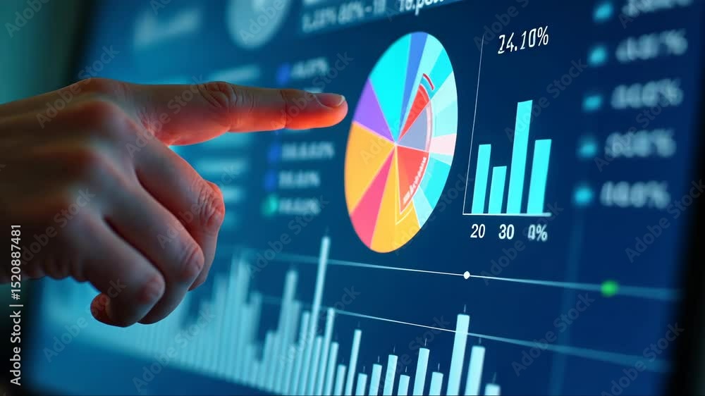 Poster a hand points to a digital pie chart with multicolored segments on a blue virtual background, depict