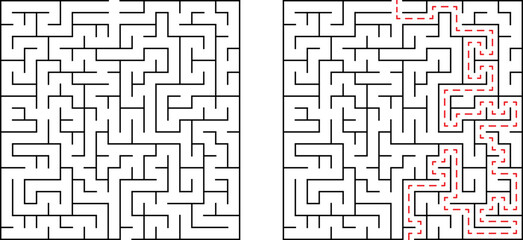 Complex black and white maze design with solution path displayed in dotted red lines