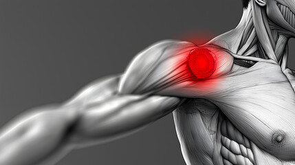A schematic illustration of the human body using line art highlighting muscles and inflamed shoulder areas in red.