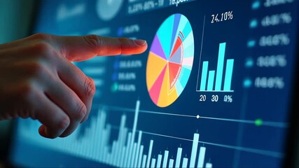 A hand points to a digital pie chart with multicolored segments on a blue virtual background, depicting data analysis, frontal view, modern futuristic hi-tech business financial interface. - Powered by Adobe