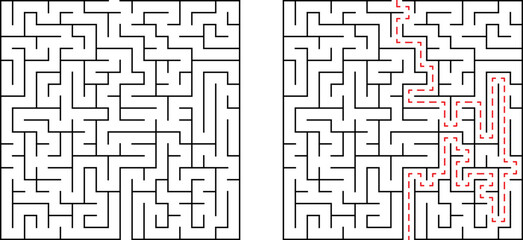 Complex maze with unsolved path and solution route illustrated in red color