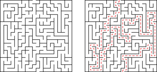 A challenging maze illustration with solved path highlighted in a conceptual design