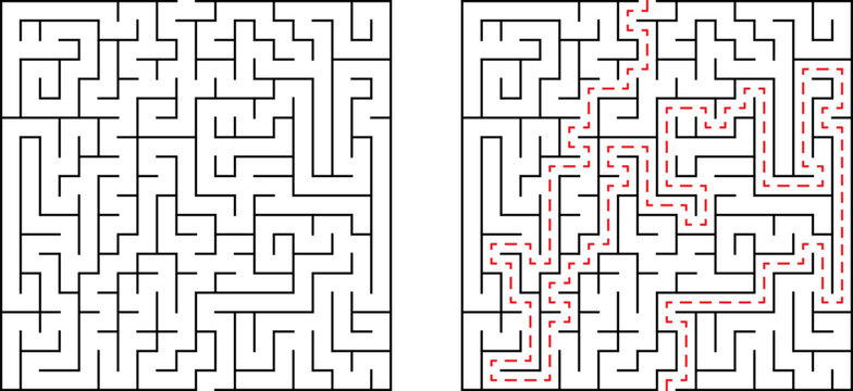A challenging maze illustration with solved path highlighted in a conceptual design