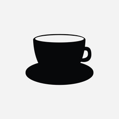 Simple black and white coffee cup and saucer illustration on a light gray background