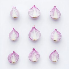 Nine halved red onions arranged symmetrically on a white background, showcasing their layered texture and vibrant purple-white hues
