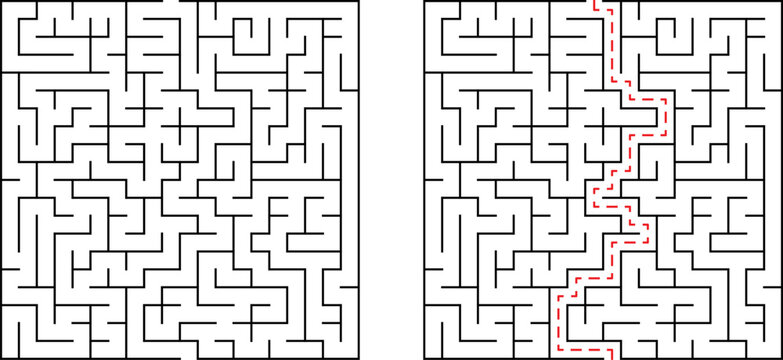 A complex maze graphic showing a difficult challenge with a clear and easy solution path