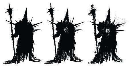 The black silhouette of a sinister knight in plate armor, he is a warrior from the underworld with a spiked staff and a barbed shoulder pad. He has a hole in his chest and black rot all around. 2d ink