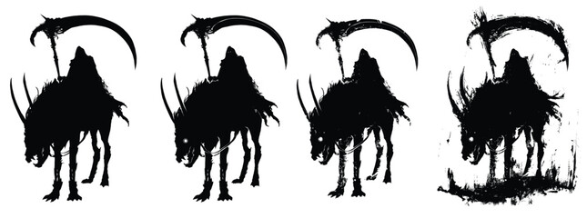 A black silhouette of a sinister reaper riding a nasty dog with horns, protruding bones and bared fangs. He is death with a scythe in a torn hood. 2d ink-style illustration.