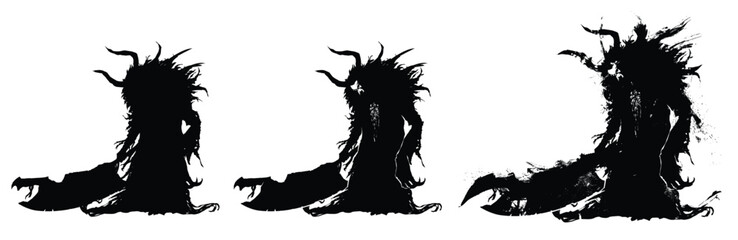 The black silhouette of a sinister monster with a huge cleaver. He is a horned butcher reaper with a skull mask, shaggy in tattered clothes and huge weapons. 2d ink-style illustration.