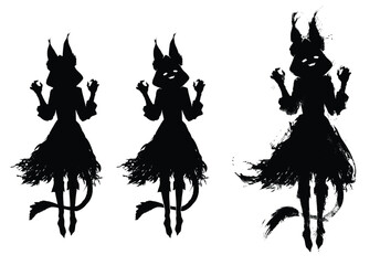 A black silhouette with a cat girl. She is a playful ghost and a witch, hovering in the air, smiling and waving her claws. It also looks like a jerboa. Anime style 2d cartoon art.