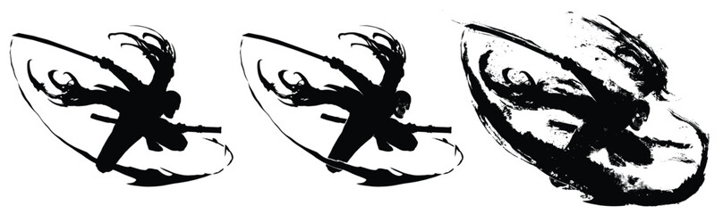 The black silhouette of a sinister samurai warrior. He's a skeleton in a cape, frozen in an epic pose, slicing through the air with his katana in a jumping stance. 2d ink style illustration.