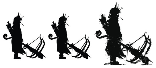 Black silhouette of a little warrior girl in anime style. She's a demon with horns and a huge double-shot crossbow. He stands thoughtfully and chews a straw . 2d ink-style illustration.