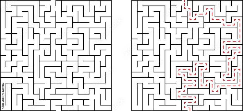Poster maze puzzle with the correct solution highlighted on a white background for concept illustration