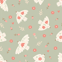 Cute pattern with birds with rustic folklore ornaments. Seamless texture with doves in Scandinavian style with flowers for wrapping paper or textile. Vector pattern in flat style on green background. 