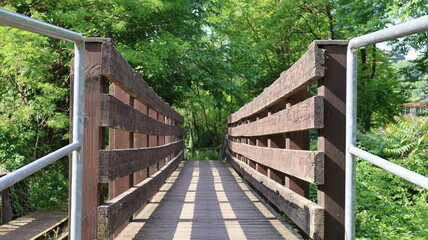 Ponte con struttura in legno e ferro astratto con effetto di ingresso nel bosco e località Lombardia Italia