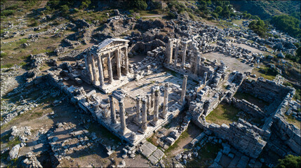 Aerial View of Ancient Ruins: Explore Historical Architecture and Stone Columns at Mediterranean Heritage Site