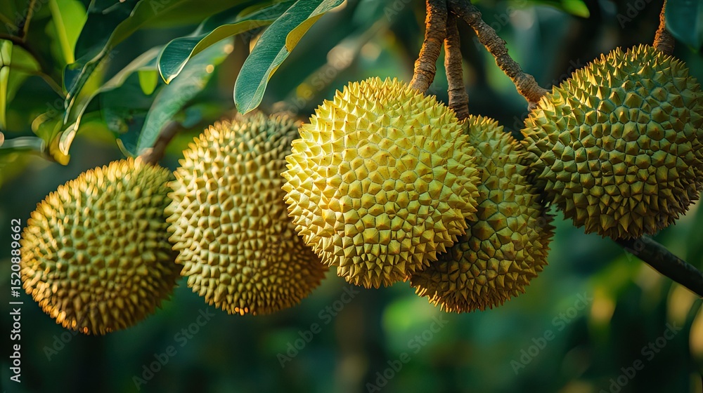 Poster a close up of several durian fruits hanging from a tree branch with green leaves in the background