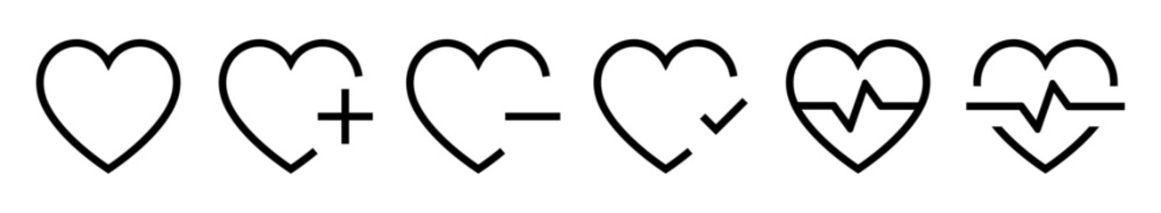 Heart icon set with medical symbols including plus, minus, check mark, and heartbeat lines. Perfect for health apps, cardiology, wellness, or Valentine&rsquo;s themes. Heart, love, icons.
