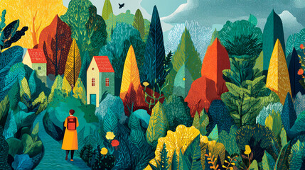 Exploration Through a Vibrant Autumn Forest: A Whimsical Landscape Art of a Nature Pathway in Idyllic Colors