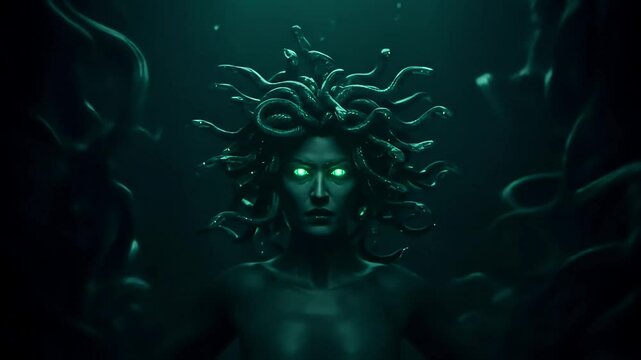 Dark Portrait of Medusa with Glowing Green Eyes