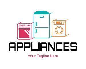 Modern minimalist home appliance store logo. Refrigerator stove and washing machine icon.
