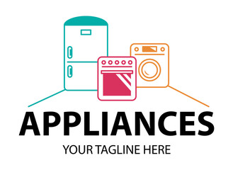 Modern minimalist home appliance store logo. Refrigerator stove and washing machine icon.